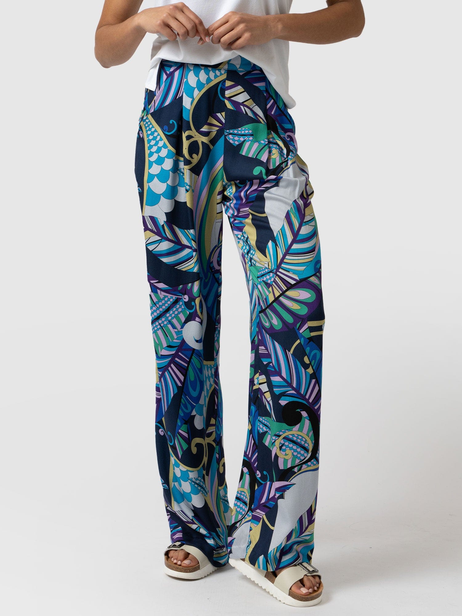 Rowan Wide Leg Pant Blue Palm - Women's Trousers | Saint + Sofia® UK